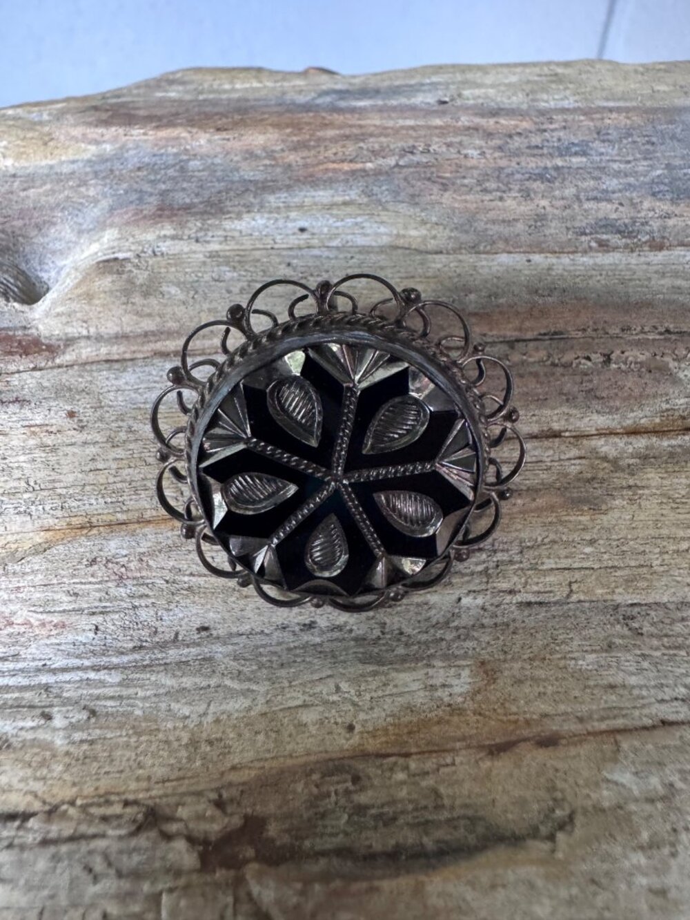 Mexico 925 Silver Black Onyx Brooch Pendant JFCM Guadalajara Filigree VTG - Picture 6 of 6